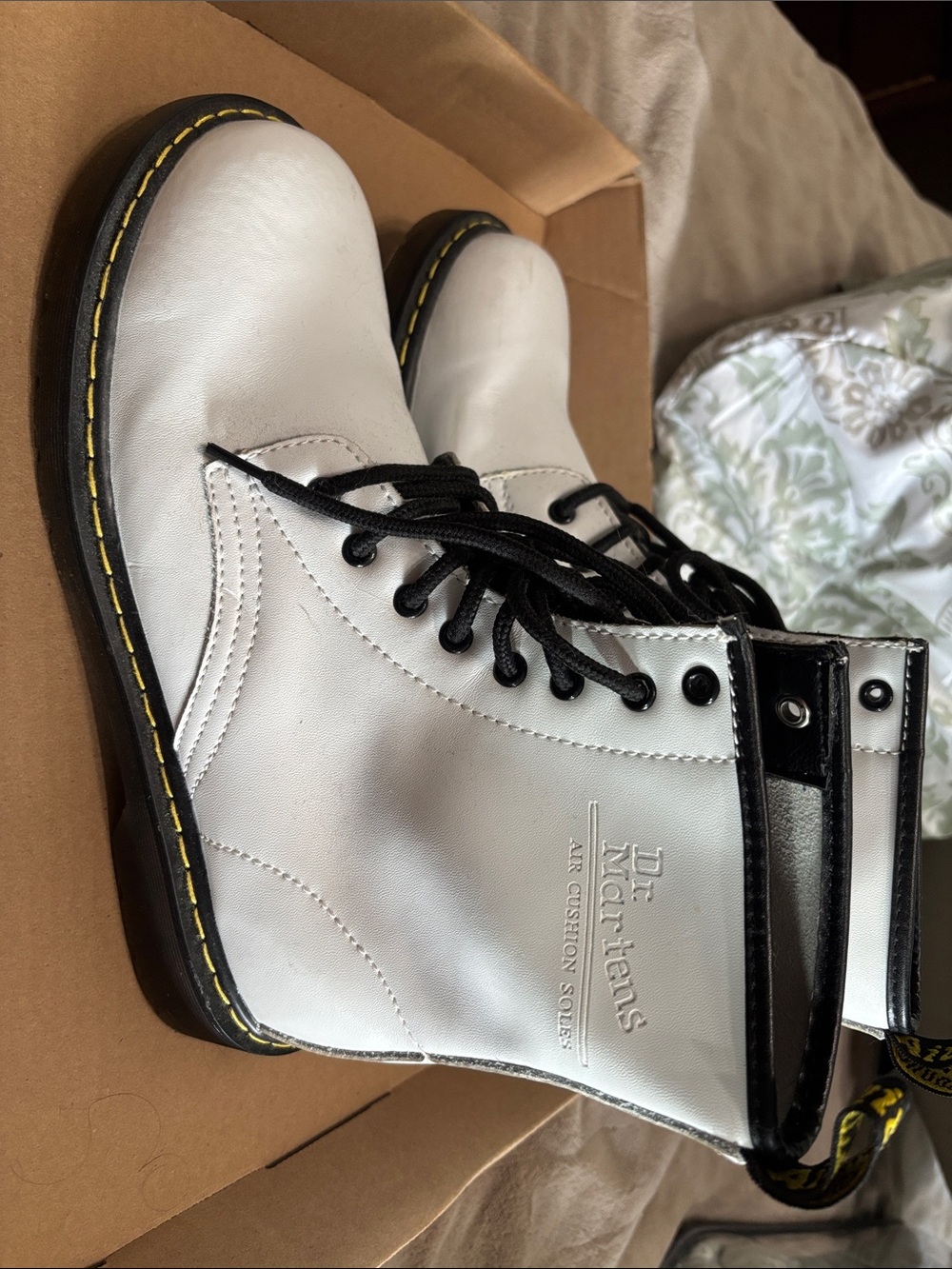 Dr. Martens White Leather Lace-Up Combat Boots with Yellow Stitching